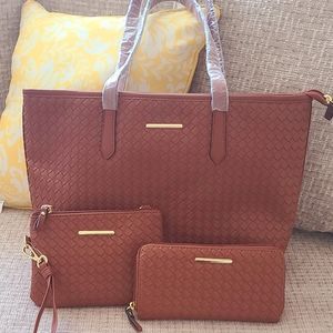 Cute Large Tote & Accessories- Brown/Bordeaux Woven look Canvas Tote+